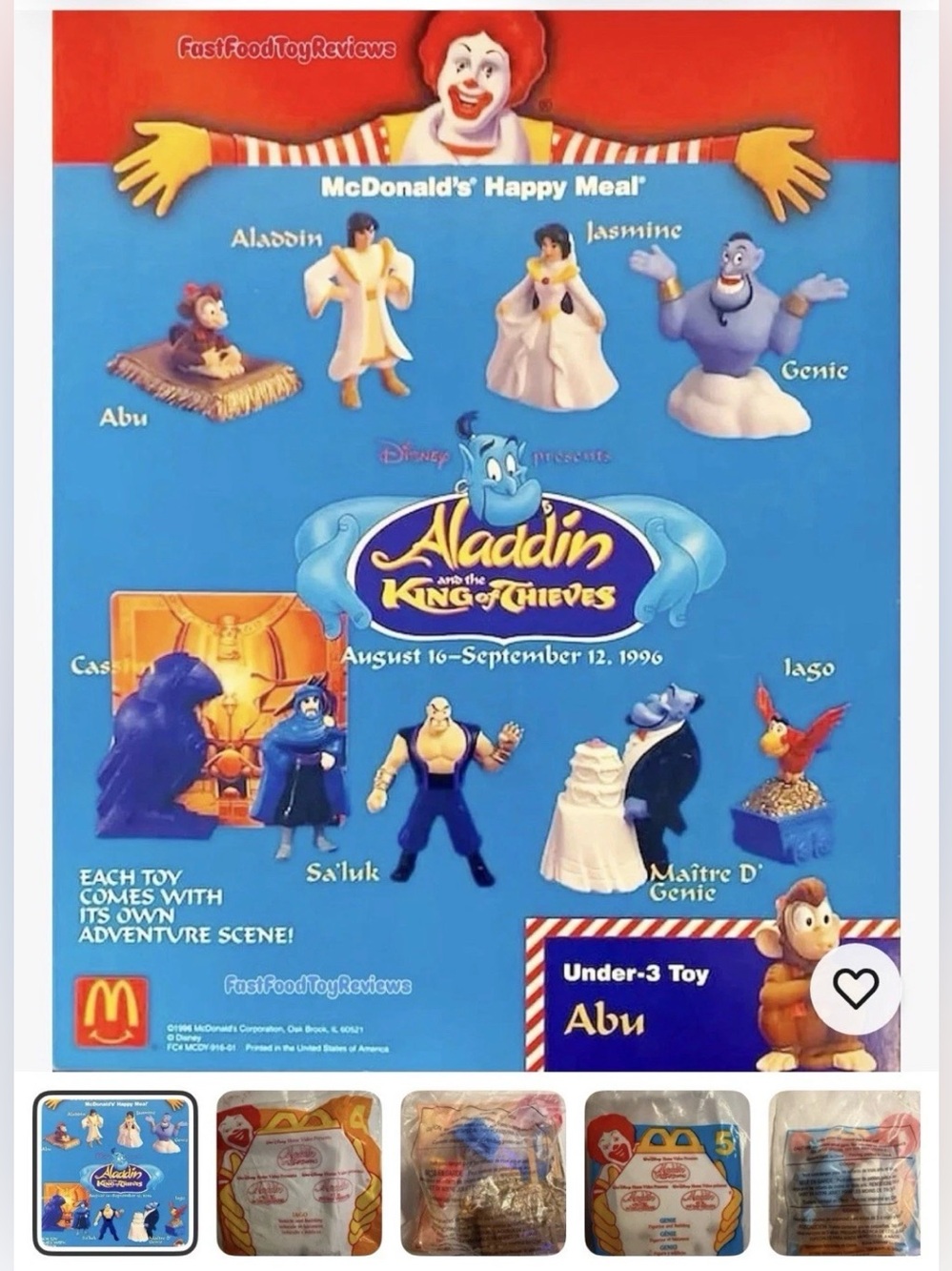 1996 McDonald's Aladdin Happy Meal Toys - Set of 7 In Bag -Just Missing #2 - Picture 2 of 7
